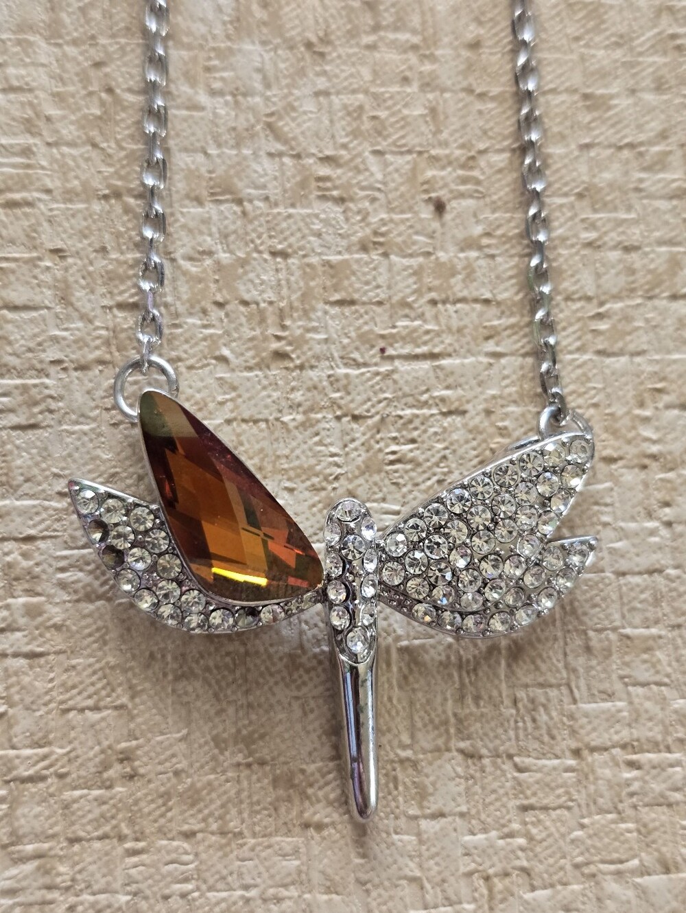 Vintage 14KRGP Silver Tone Pavé Crystal & Amber Dragonfly Pendant Neclace